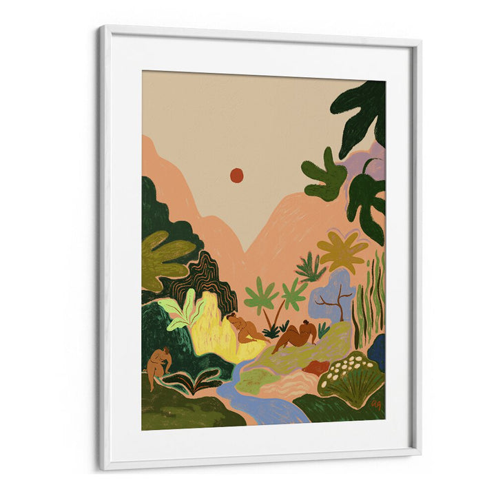 Colorful wall art print "LOST IN PARADISE II, PORTRAITS" by Arty Guava, featuring a serene landscape with flora and fauna.