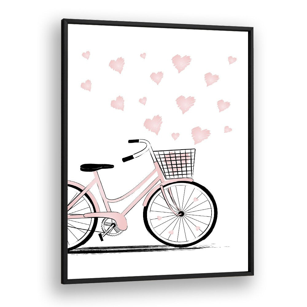Stylish LOVE BIKE, FASHION POSTERS by Martina showcases elegance with a charming pink bicycle and heart accents.