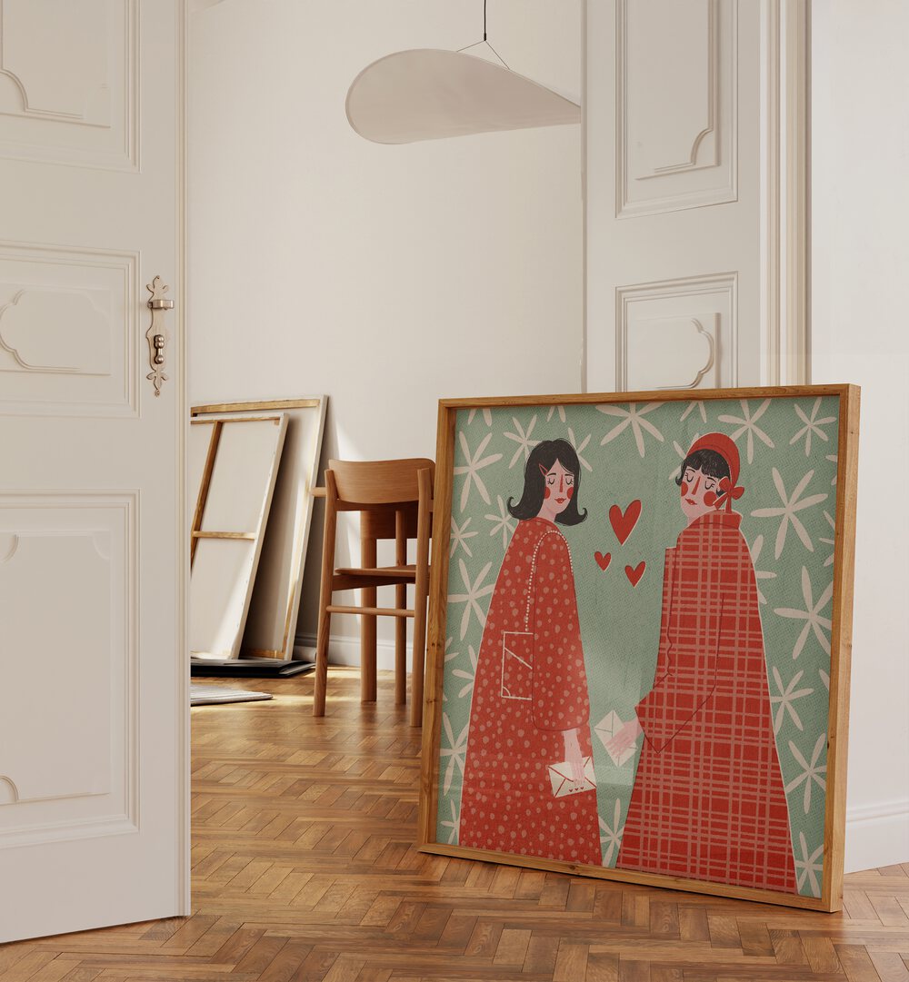 Stylish LOVE LETTERS, FASHION POSTERS by Julia Leister showcasing enchanting illustration art in a cozy interior.