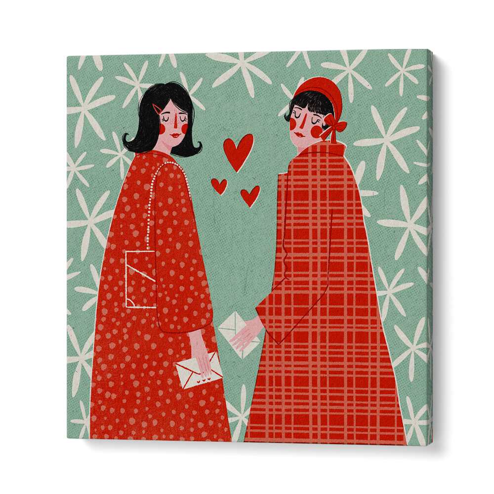 Two women in stylish coats hold letters, surrounded by hearts, showcasing LOVE LETTERS, FASHION POSTERS by Julia Leister.