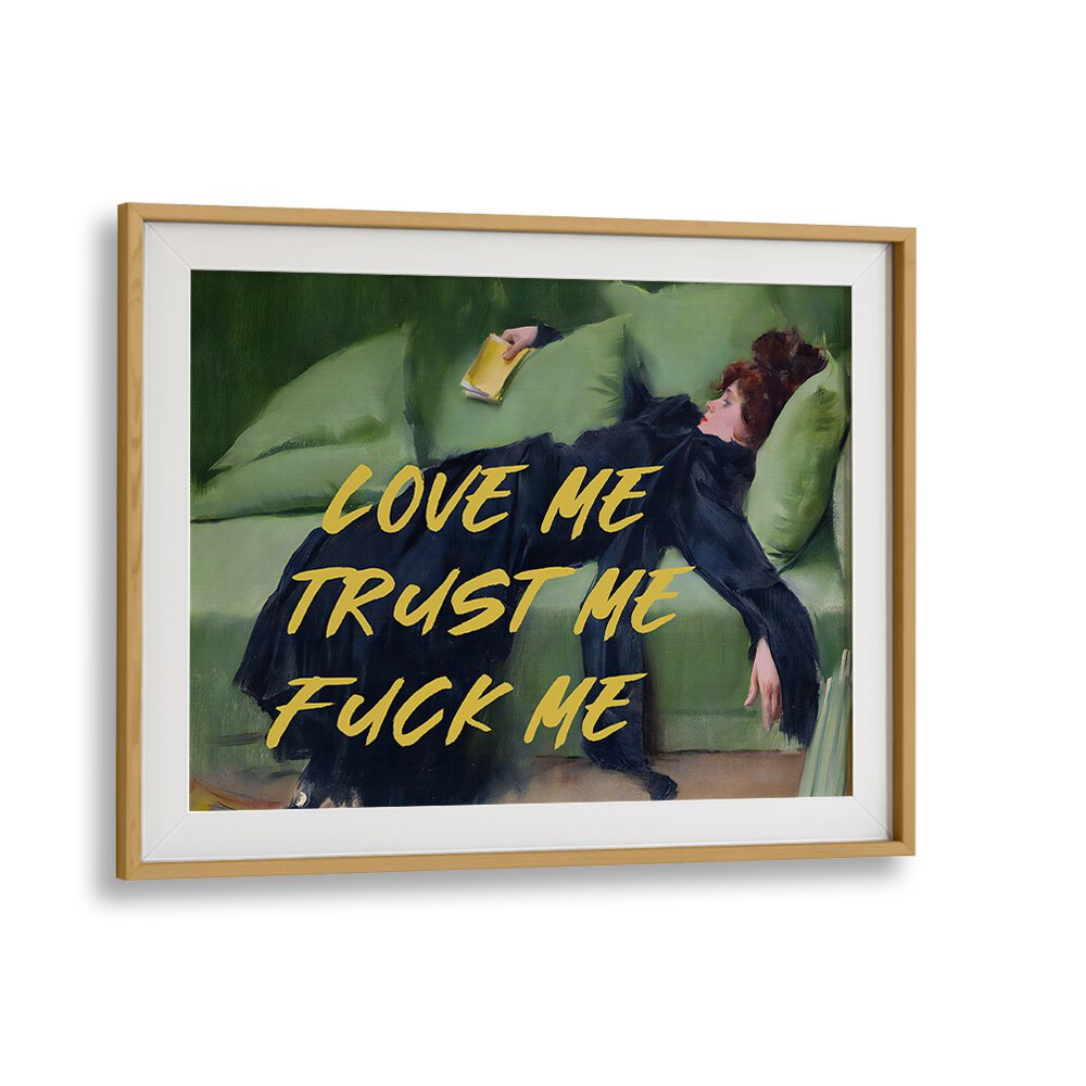 Transform your space with LOVE ME II, ALTERED ART PRINTS by The Art Concept, featuring bold, expressive text and vibrant colors.