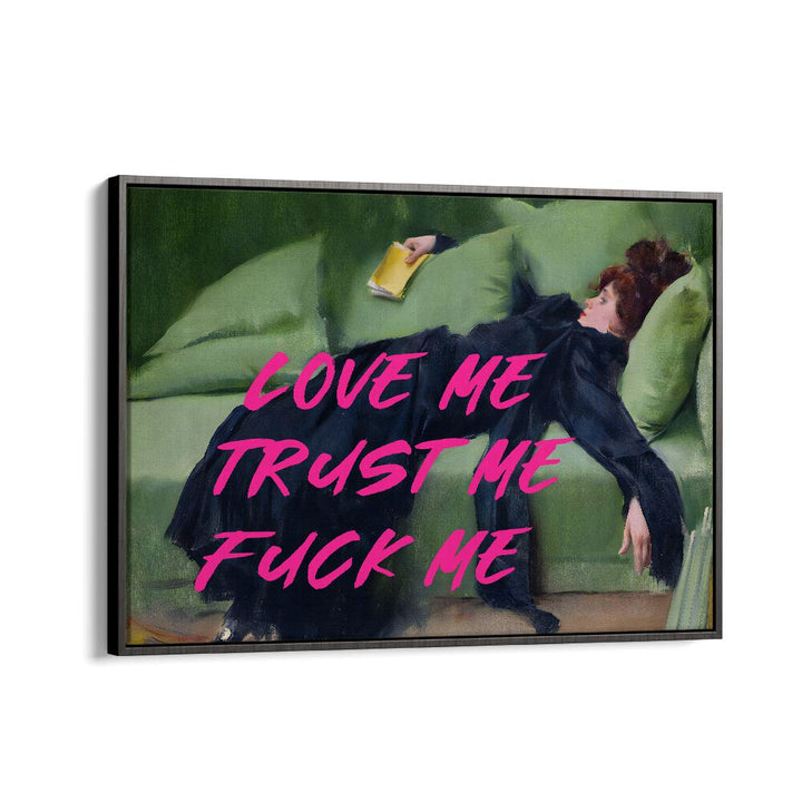 Elevate your decor with LOVE ME, ALTERED ART PRINTS featuring vibrant text and classic art in a modern frame.