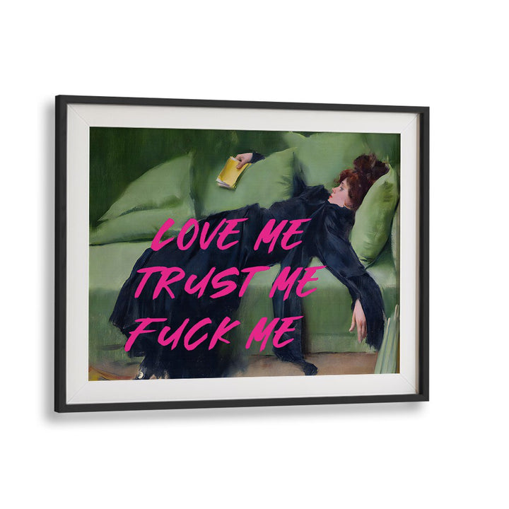 Elevate your decor with LOVE ME, ALTERED ART PRINTS, featuring vibrant artwork in a sleek black frame.
