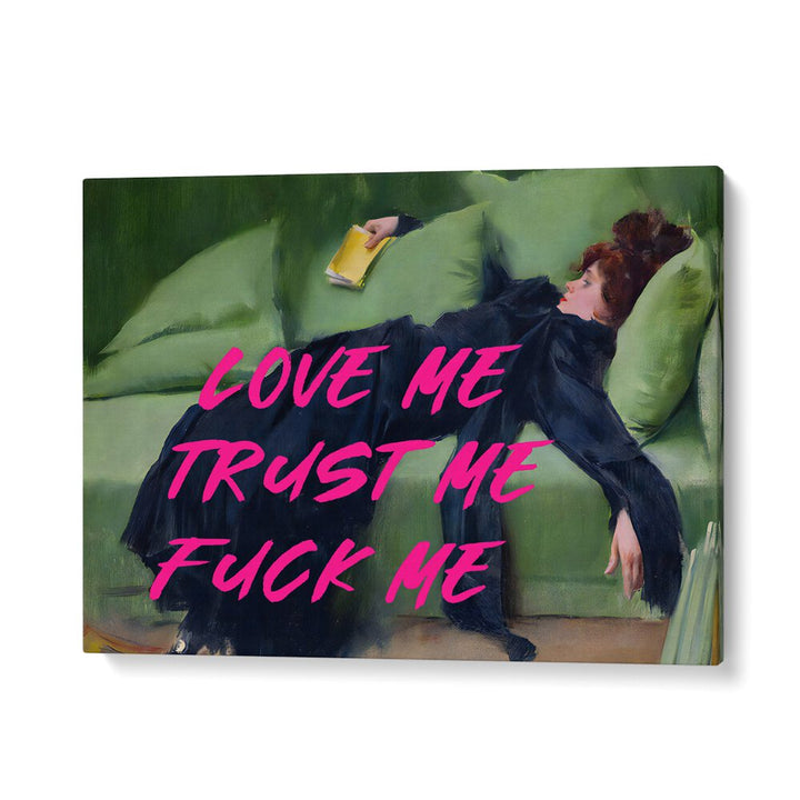 Captivating "LOVE ME, ALTERED ART PRINTS" showcasing vibrant text on a stylish canvas, perfect for elevating your space.