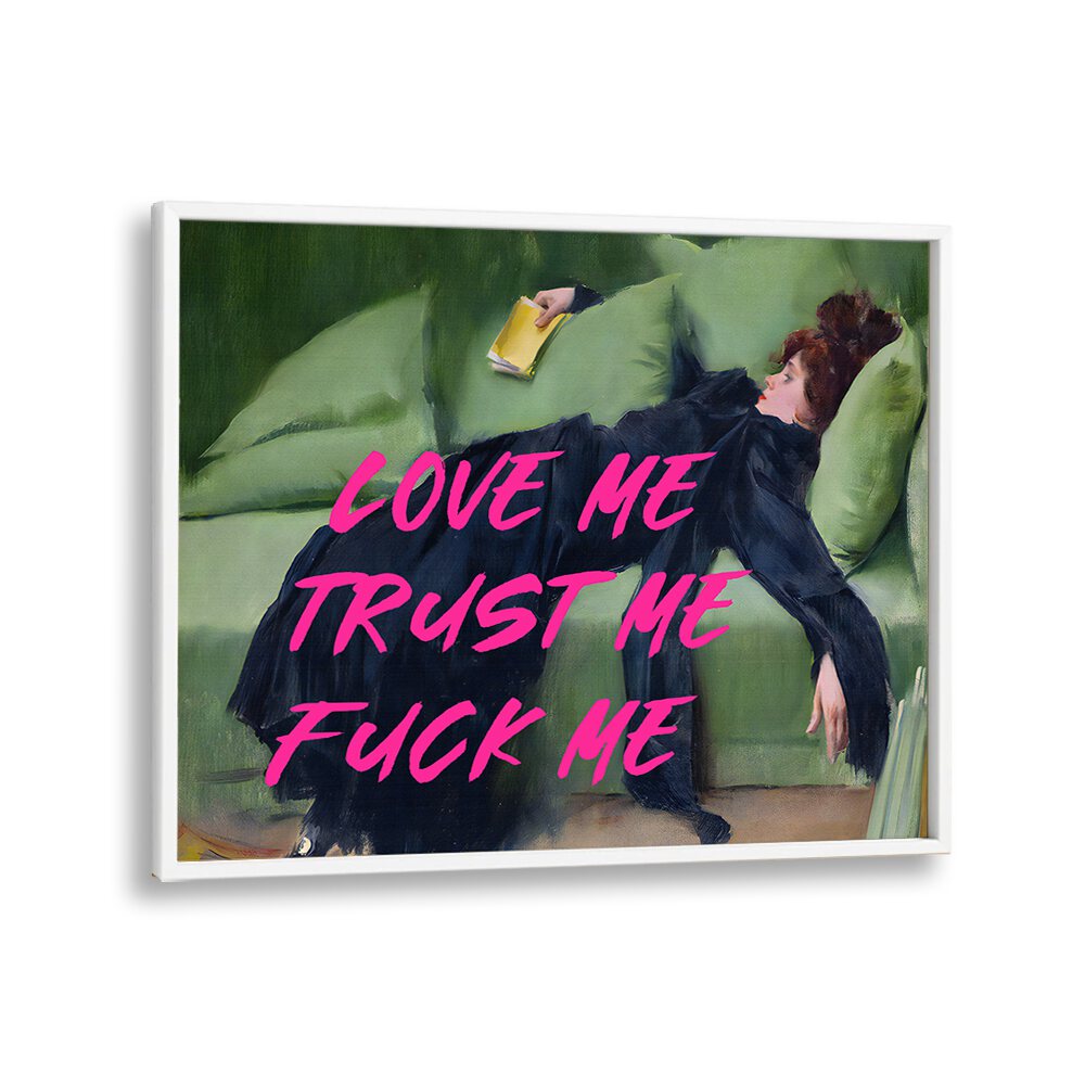 Elevate your decor with LOVE ME, ALTERED ART PRINTS, featuring vibrant artwork in a sleek white frame.