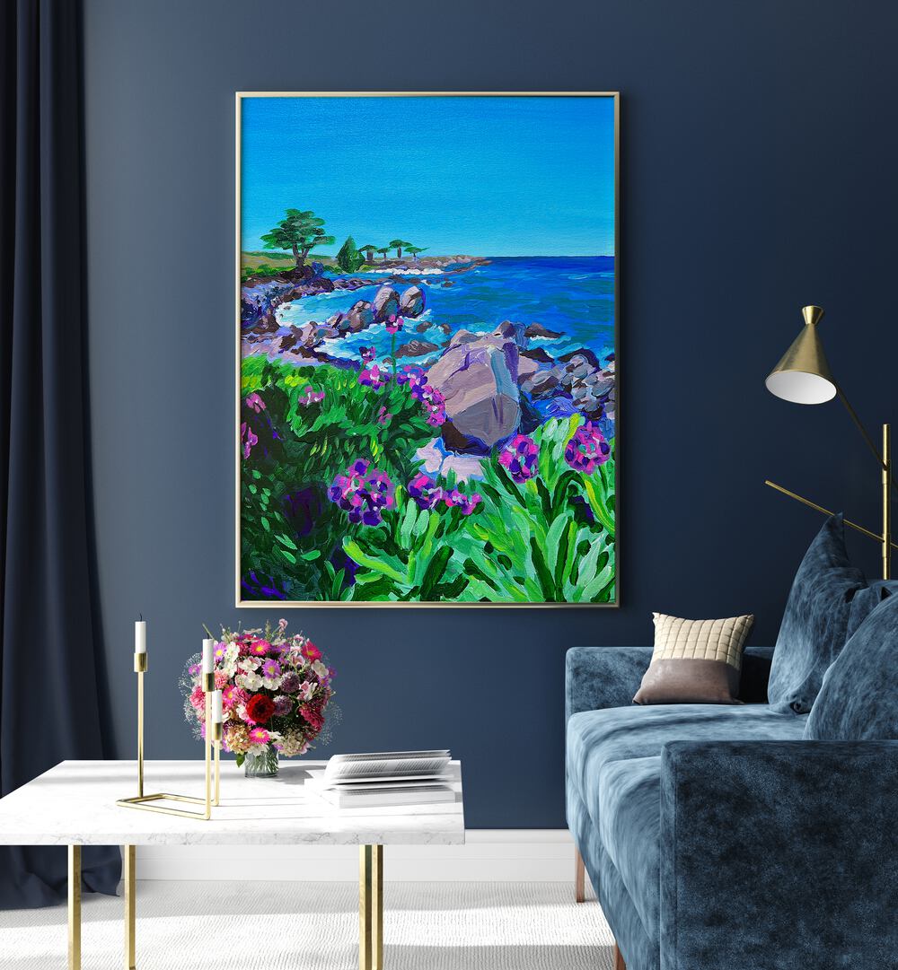 Vibrant LOVERS POINT, LANDSCAPE PAINTINGS featuring lush flowers and serene coastal views by Key and Sea Creative.