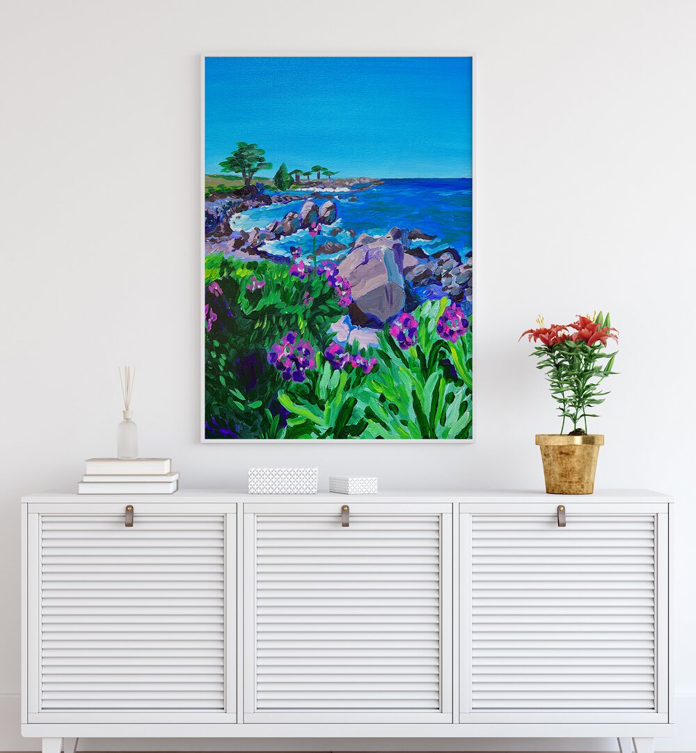 Vibrant Lovers Point landscape paintings by Key and Sea Creative, capturing serene coastal beauty and floral charm.