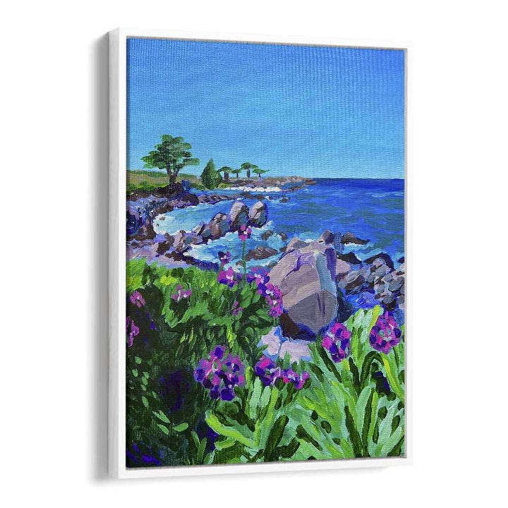 Vibrant Lovers Point landscape paintings by Key and Sea Creative showcasing serene coastal beauty and colorful blooms.