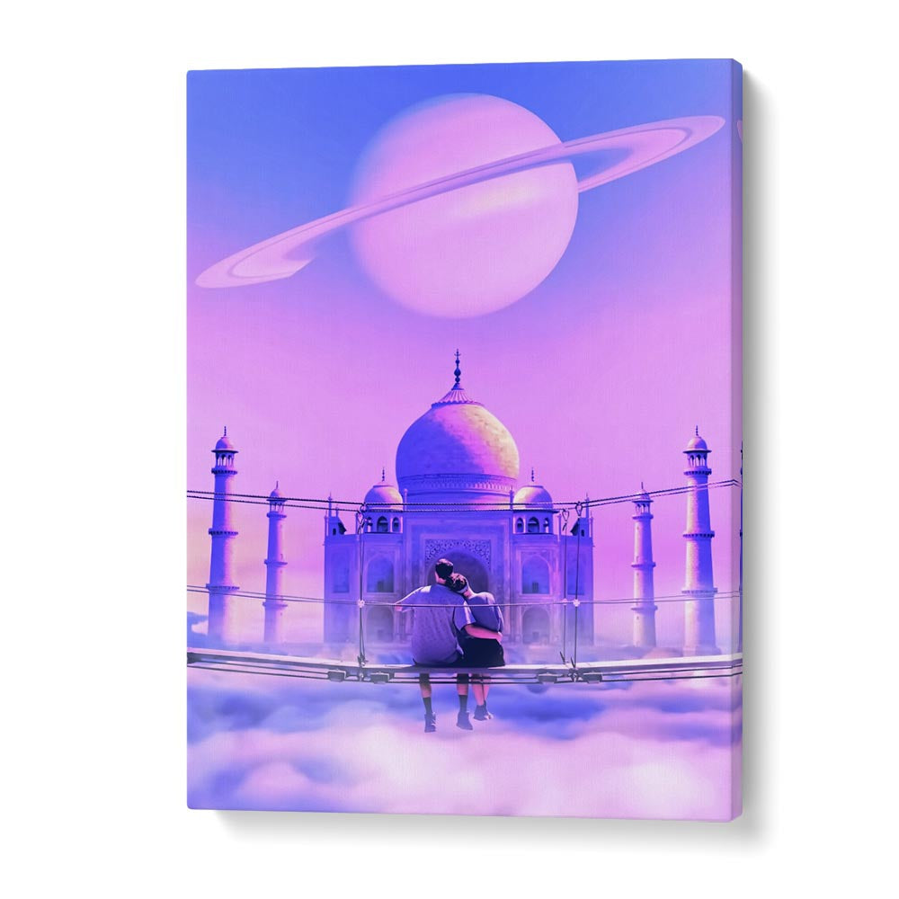 Captivating LOVERS POINT, SURREAL ART PRINTS by Ritvik Takkar, featuring a couple near a dreamy Taj Mahal backdrop.
