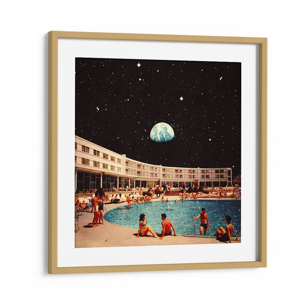 LUNAR POOL, SURREAL ART PRINTS by Taudalpoi captures a dreamlike pool scene under a starry sky with Earth above.