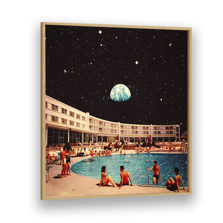 LUNAR POOL, SURREAL ART PRINTS features a cosmic scene above a vibrant pool, adding elegance to any space.