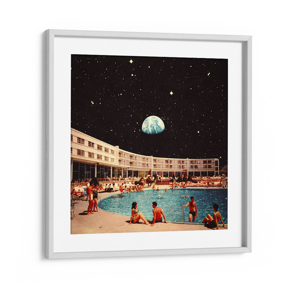 LUNAR POOL, SURREAL ART PRINTS by Taudalpoi captures a cosmic scene by a pool, blending elegance with creativity.