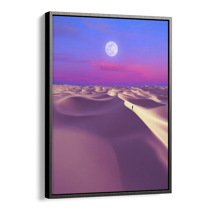 LUNAR SOLITUDE, SURREAL ART PRINTS features a dreamlike desert landscape illuminated by a full moon. Perfect for any space.