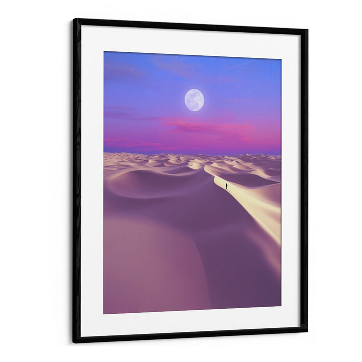 LUNAR SOLITUDE, SURREAL ART PRINTS features a lone figure in a dreamy desert under a luminous moon, perfect for decor.