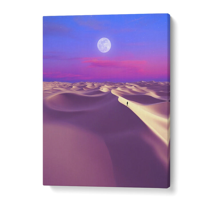 LUNAR SOLITUDE, SURREAL ART PRINTS showcase a mesmerizing desert landscape under a glowing moon, by Ritvik Takkar.