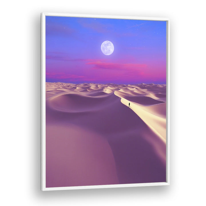 LUNAR SOLITUDE, SURREAL ART PRINTS by Ritvik Takkar captures a dreamlike desert landscape under a full moon.
