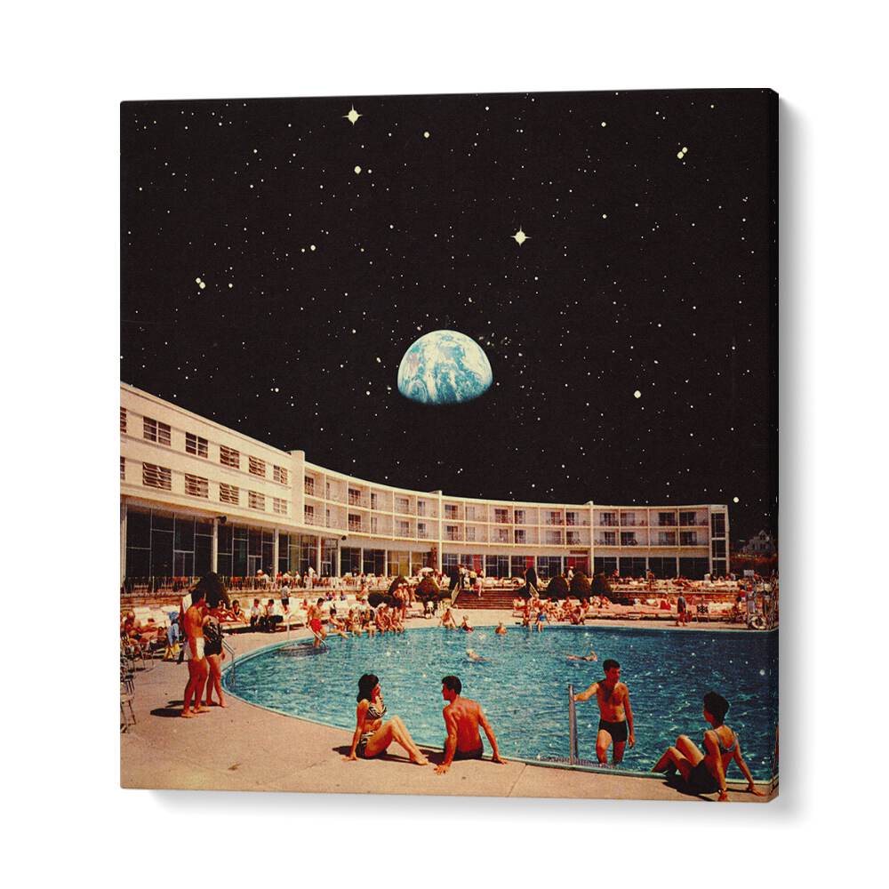 LUNAR POOL, SURREAL ART PRINTS by Taudalpoi captures a dreamy pool scene under a cosmic sky, adding elegance to any space.