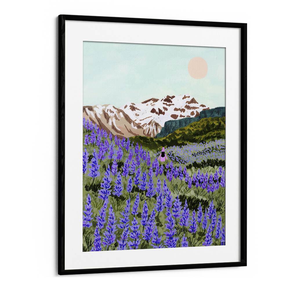 LUPINE, LANDSCAPE PAINTINGS by Sarah Gesek features vibrant purple flowers against majestic mountains and a serene sky.