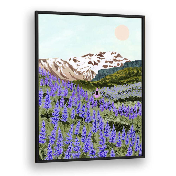Stunning LUPINE, LANDSCAPE PAINTINGS by Sarah Gesek showcase vibrant purple flowers against majestic mountains.