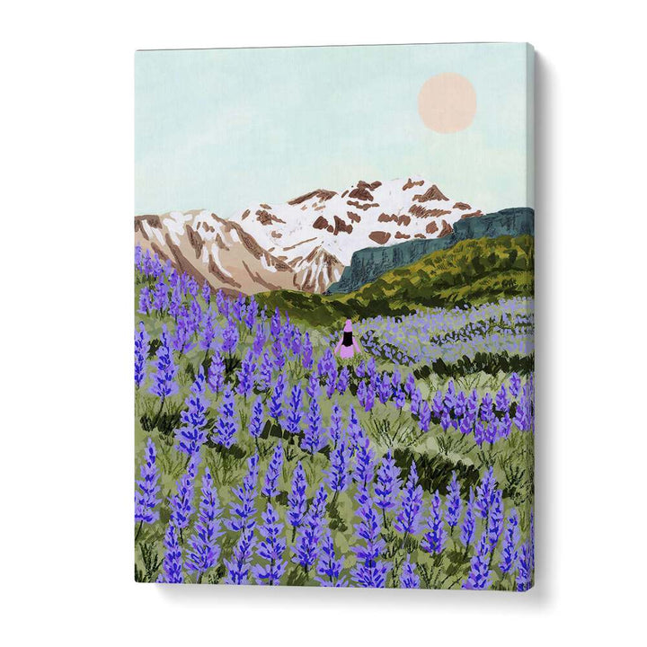 LUPINE, LANDSCAPE PAINTINGS by Sarah Gesek features vibrant purple flowers against majestic mountains and a serene sky.