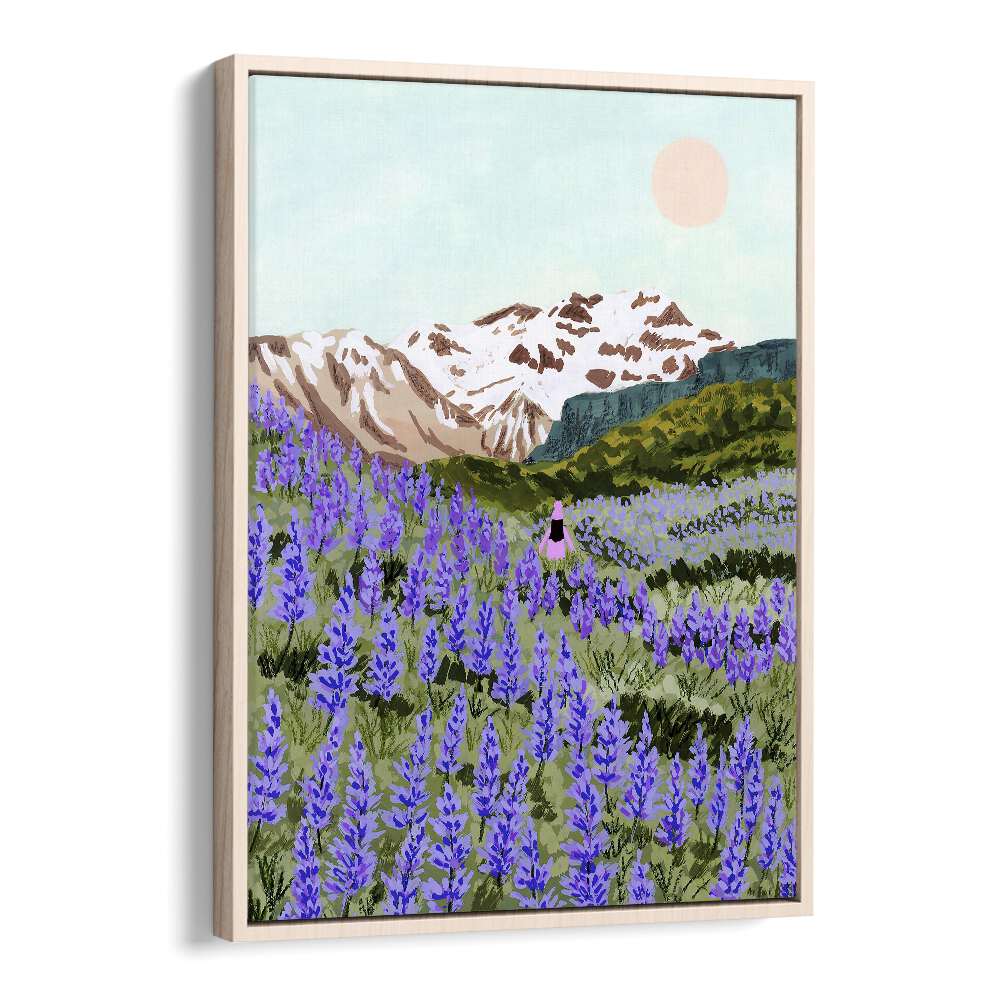 Lupine, landscape paintings by Sarah Gesek, feature vibrant purple flowers in a serene mountain setting.