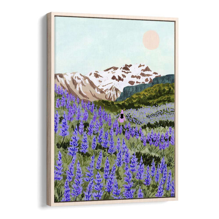 Lupine, landscape paintings by Sarah Gesek, feature vibrant purple flowers in a serene mountain setting.