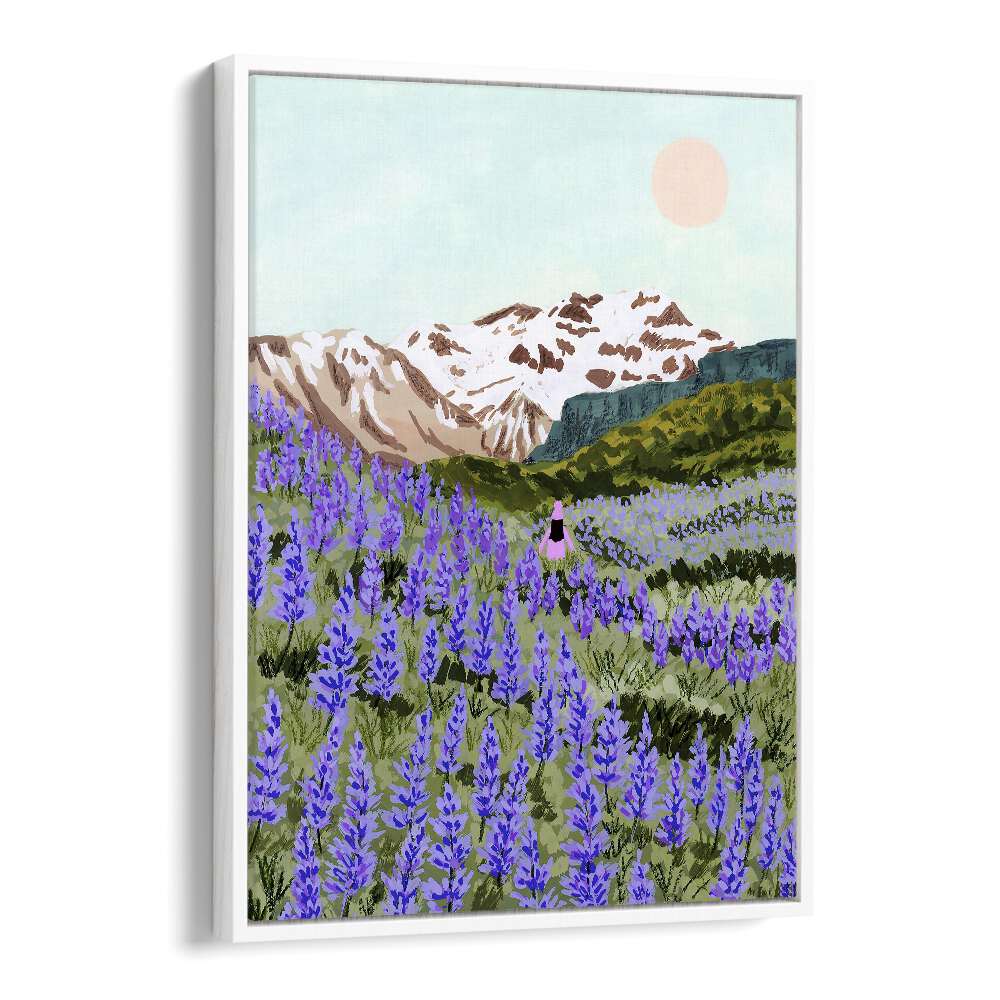 LUPINE, LANDSCAPE PAINTINGS by Sarah Gesek features vibrant purple lupines against majestic mountains and a serene sky.