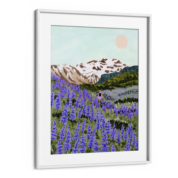 LUPINE, LANDSCAPE PAINTINGS by Sarah Gesek showcases vibrant purple flowers against majestic mountains.