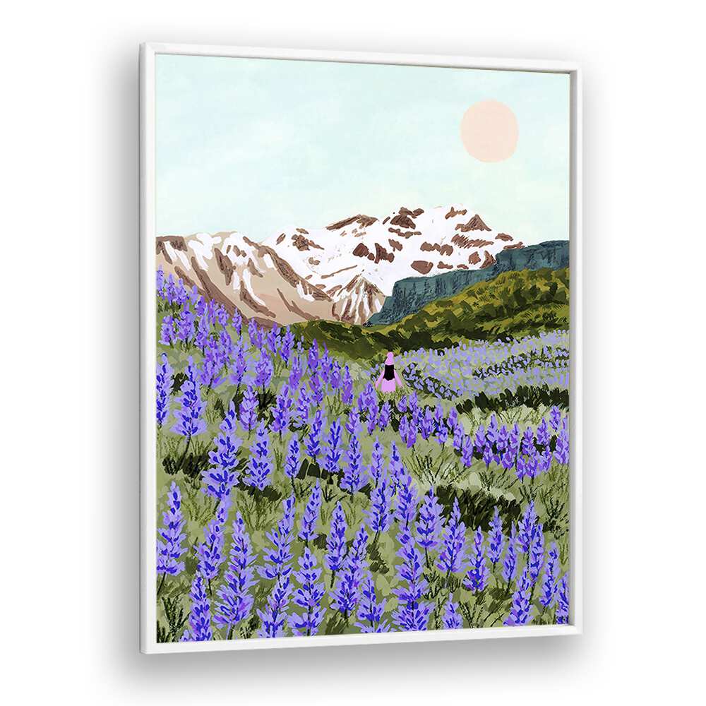 LUPINE, LANDSCAPE PAINTINGS by Sarah Gesek captures vibrant purple flowers against a serene mountain backdrop.