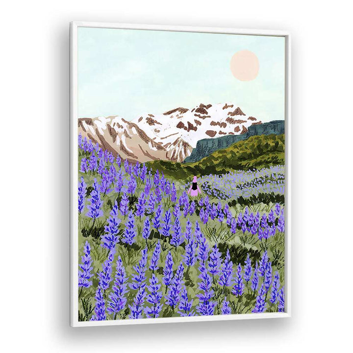 LUPINE, LANDSCAPE PAINTINGS by Sarah Gesek captures vibrant purple flowers against a serene mountain backdrop.