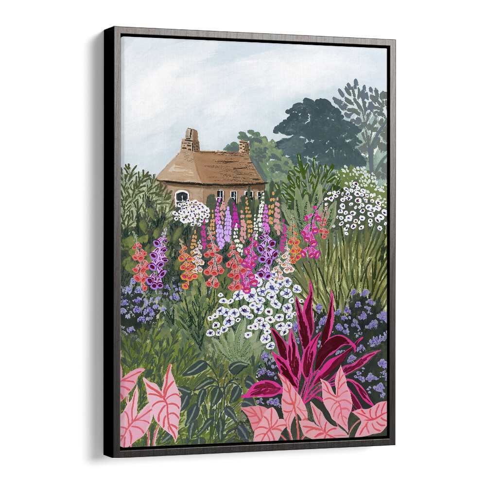 LUSH GARDEN, LANDSCAPE PAINTINGS by Sarah Gesek showcases vibrant flowers and a charming home for stunning decor.