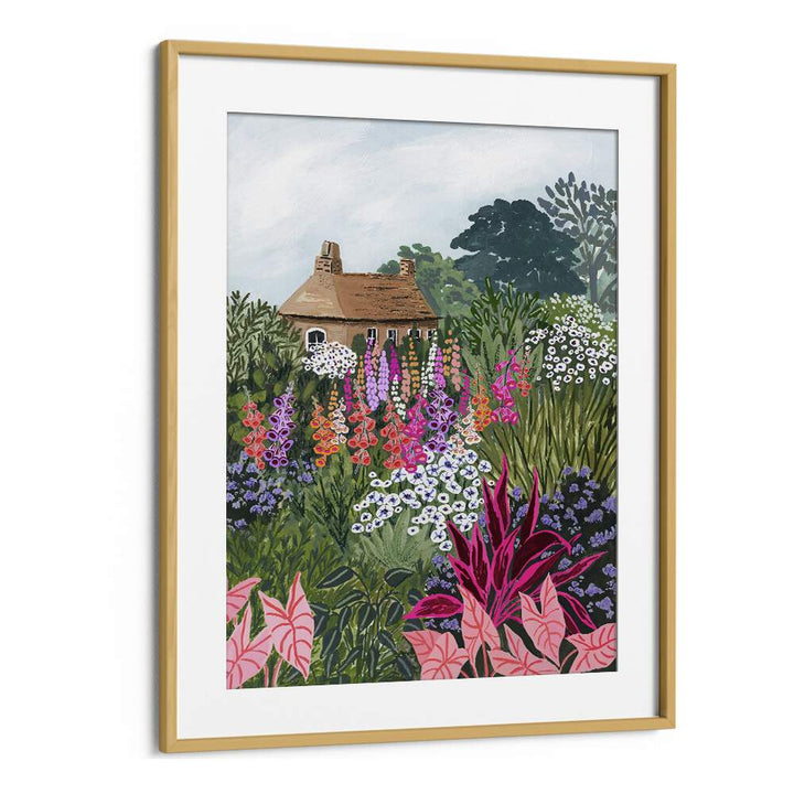 Lush Garden landscape paintings by Sarah Gesek, featuring vibrant flowers and a charming cottage in a framed print.