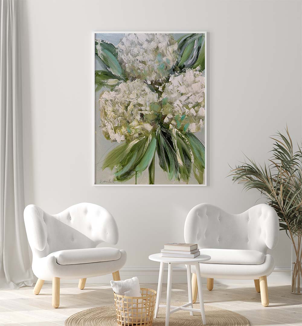 Stunning WHITE HYDRANGEAS GREEN LEAVES, FLORAL FLOWER PAINTINGS enhance your decor with elegance and artistry.