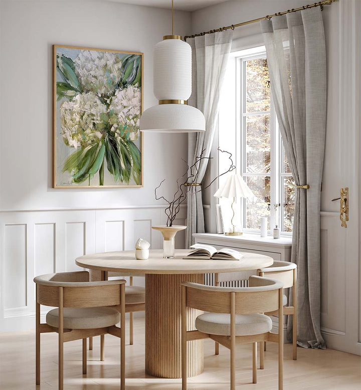 Elegant WHITE HYDRANGEAS GREEN LEAVES, FLORAL FLOWER PAINTINGS enhance your space with vibrant artistry and style.