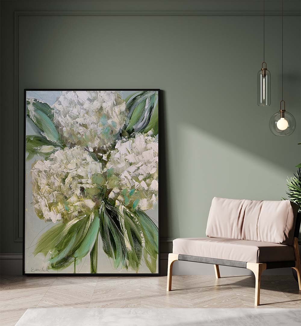 Stunning WHITE HYDRANGEAS GREEN LEAVES, FLORAL FLOWER PAINTINGS enhancing modern interiors with elegance and artistry.