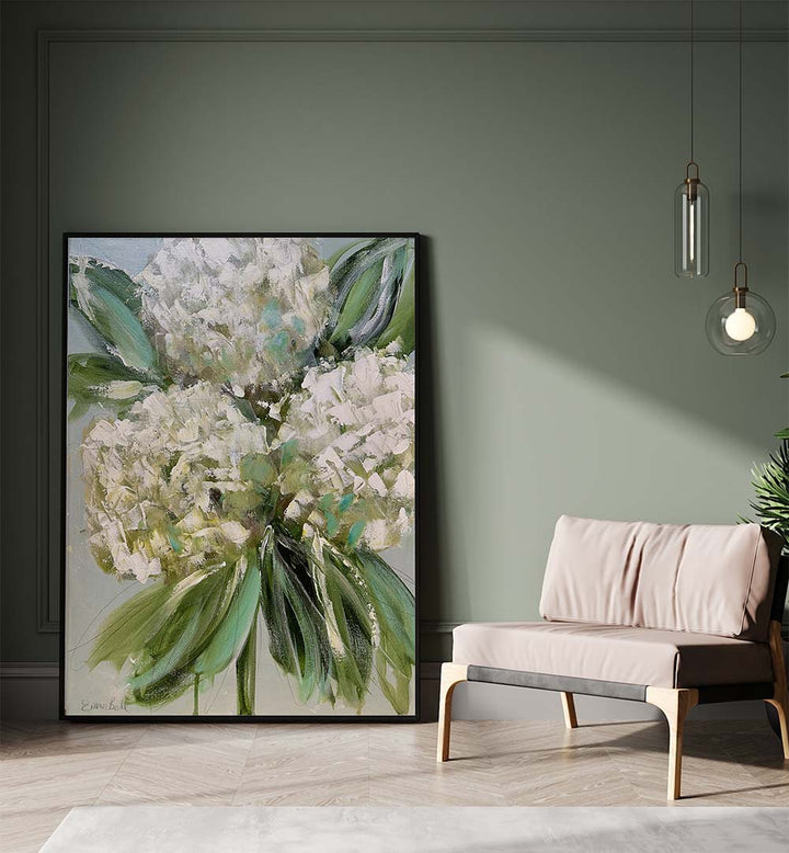 Stunning WHITE HYDRANGEAS GREEN LEAVES, FLORAL FLOWER PAINTINGS enhancing modern interiors with elegance and artistry.
