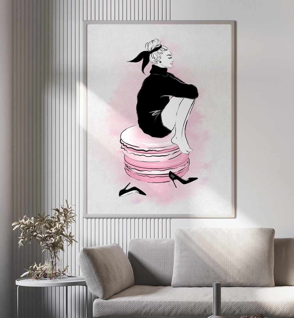 Elegant MACARON GIRL fashion poster featuring a chic woman on macarons, perfect for stylish home decor.
