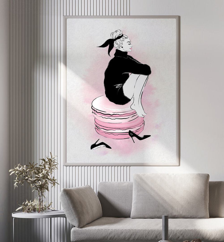 Elegant MACARON GIRL fashion poster featuring a chic woman on macarons, perfect for stylish home decor.