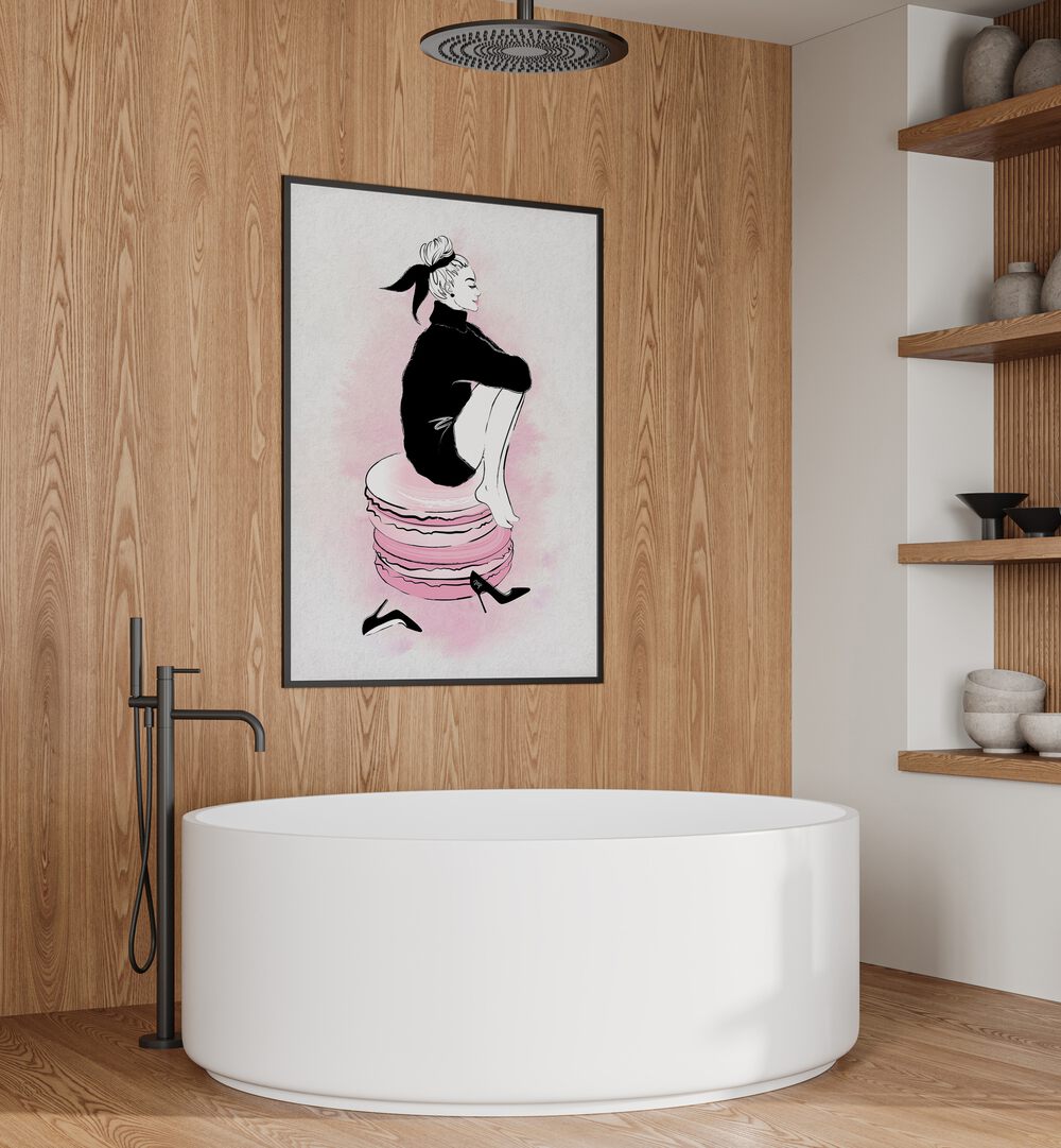 Elegant MACARON GIRL fashion poster by Martina, featuring a whimsical woman on a macaron in a chic bathroom setting.