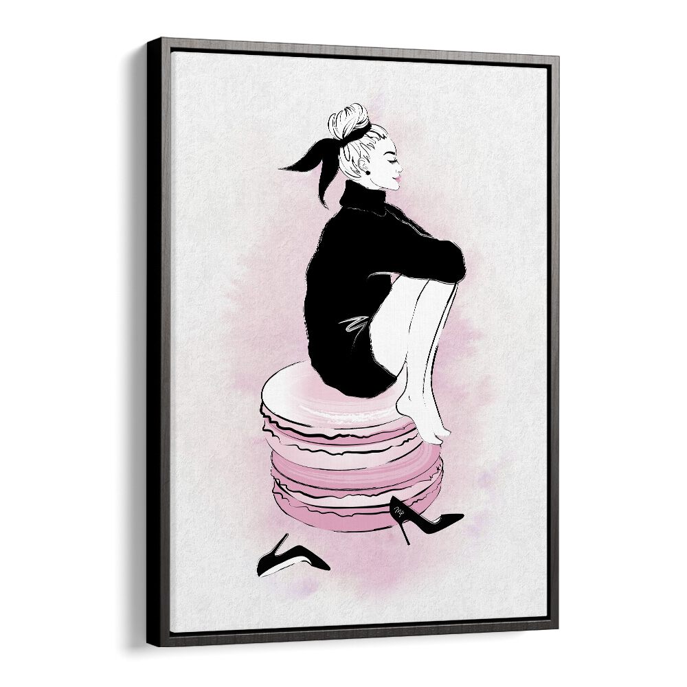 Stylish MACARON GIRL fashion poster featuring a graceful woman seated on colorful macarons, perfect for elegant decor.
