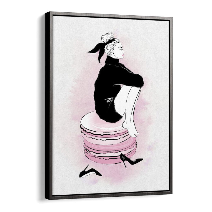 Stylish MACARON GIRL fashion poster featuring a graceful woman seated on colorful macarons, perfect for elegant decor.