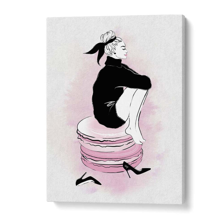 Chic MACARON GIRL sitting elegantly on macarons, perfect for FASHION POSTERS to elevate your home decor.