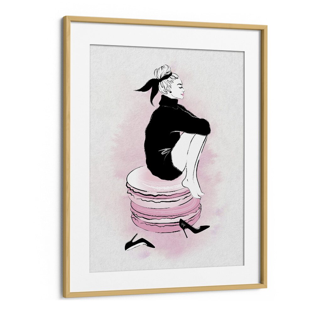 Elegant MACARON GIRL fashion poster featuring a stylish woman sitting on macaroons, perfect for chic decor by Martina.
