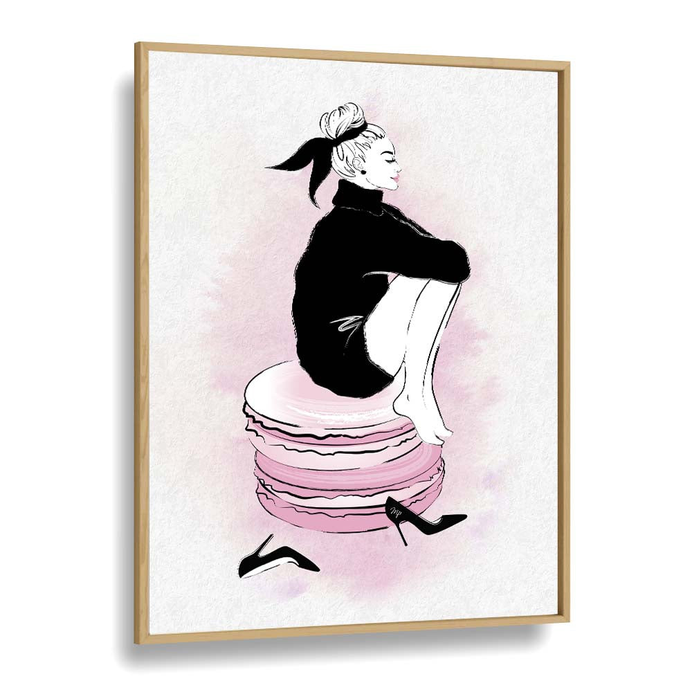 Elegant MACARON GIRL fashion poster featuring a stylish woman perched on macaron stacks, perfect for chic decor.