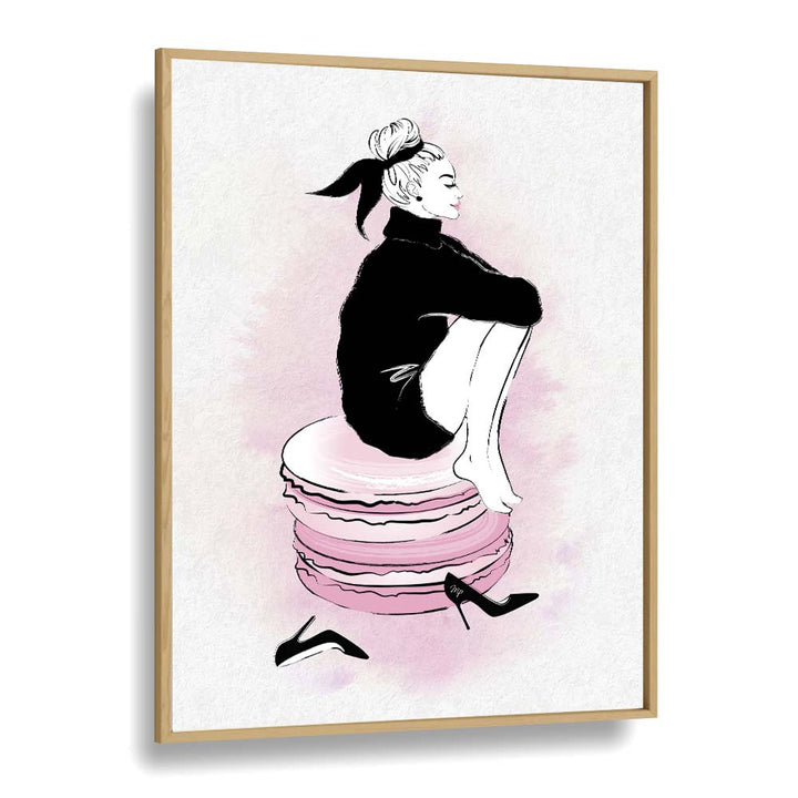 Elegant MACARON GIRL fashion poster featuring a stylish woman perched on macaron stacks, perfect for chic decor.