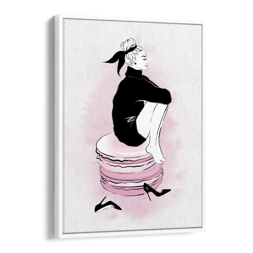 Elegant Macaron Girl fashion poster featuring a stylish woman perched on macarons, perfect for chic decor.