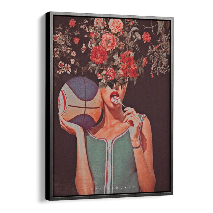 Surreal art print "MADE ME" by Space Rocket Art features floral headpiece and sports elements, perfect for unique decor.
