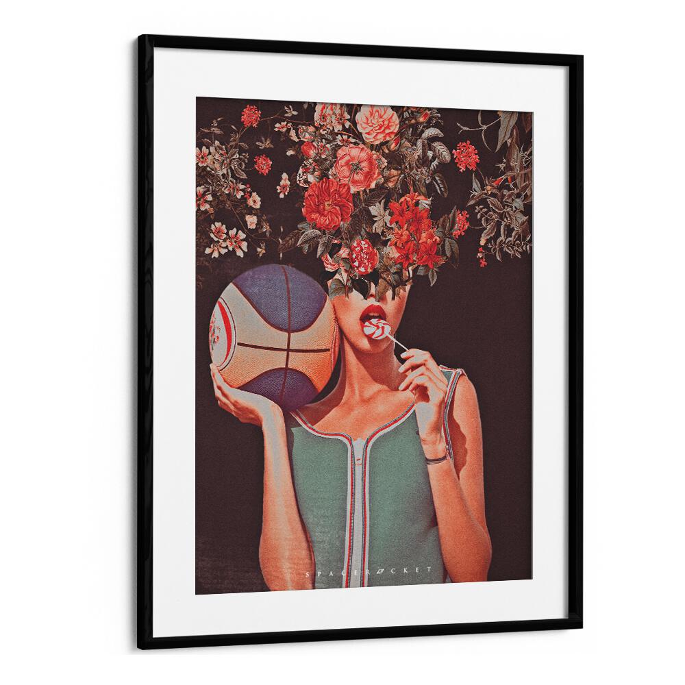 Framed MADE ME surreal painting featuring a floral head and basketball, perfect for art lovers seeking unique decor.