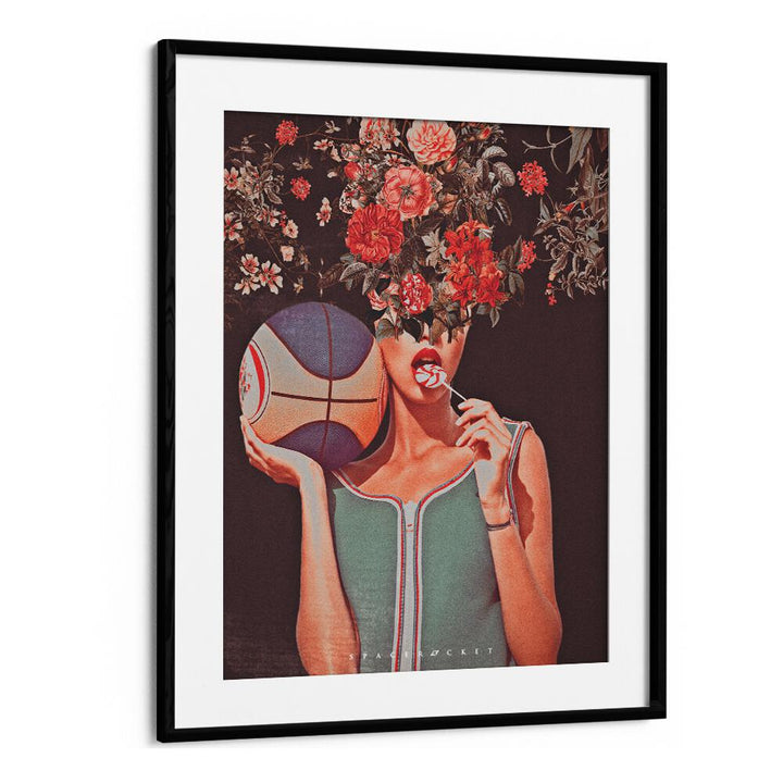 Framed MADE ME surreal painting featuring a floral head and basketball, perfect for art lovers seeking unique decor.