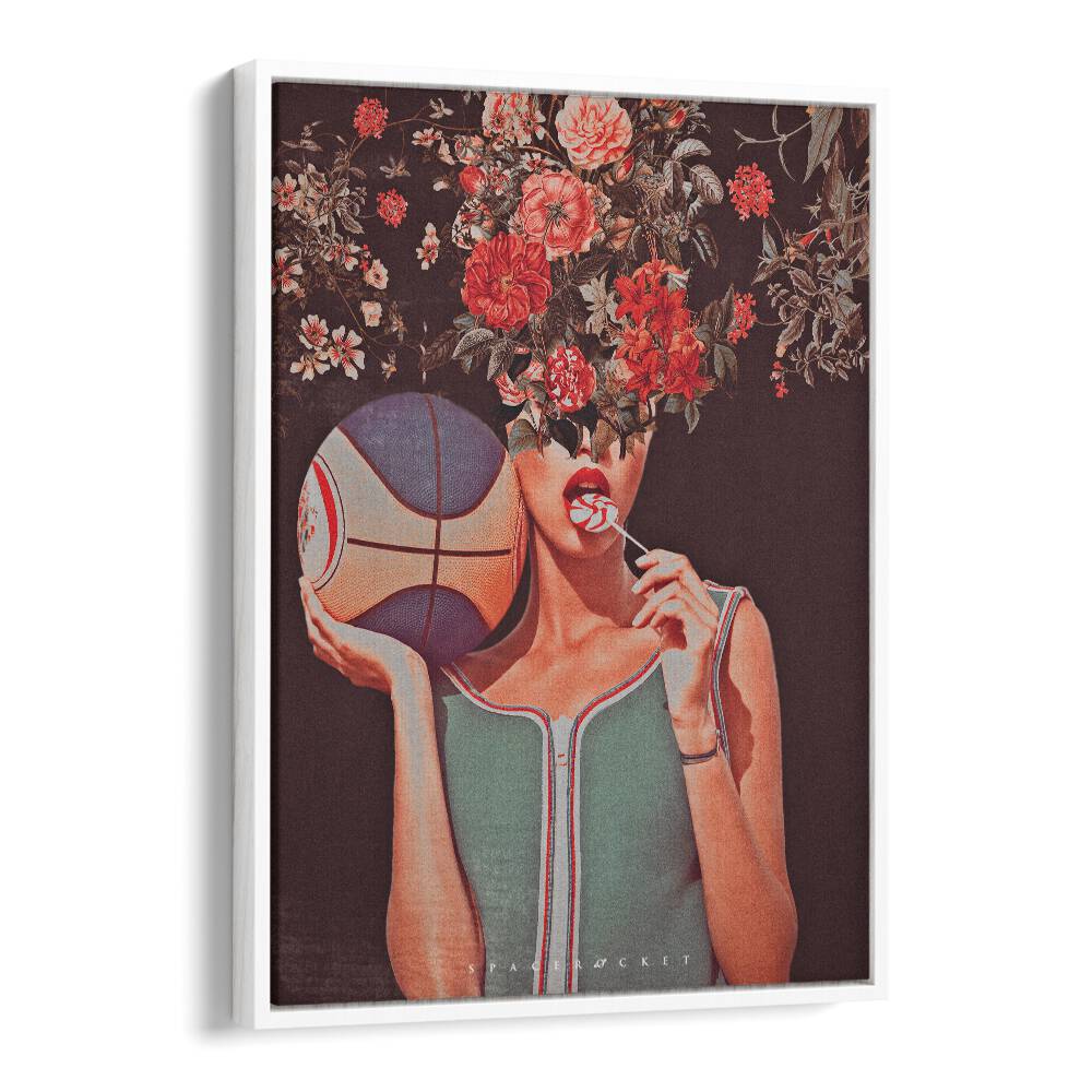 Colorful surreal painting featuring flowers and a basketball, part of MADE ME, SURREAL PAINTINGS, SURREAL ART PRINTS by Space Rocket Art.